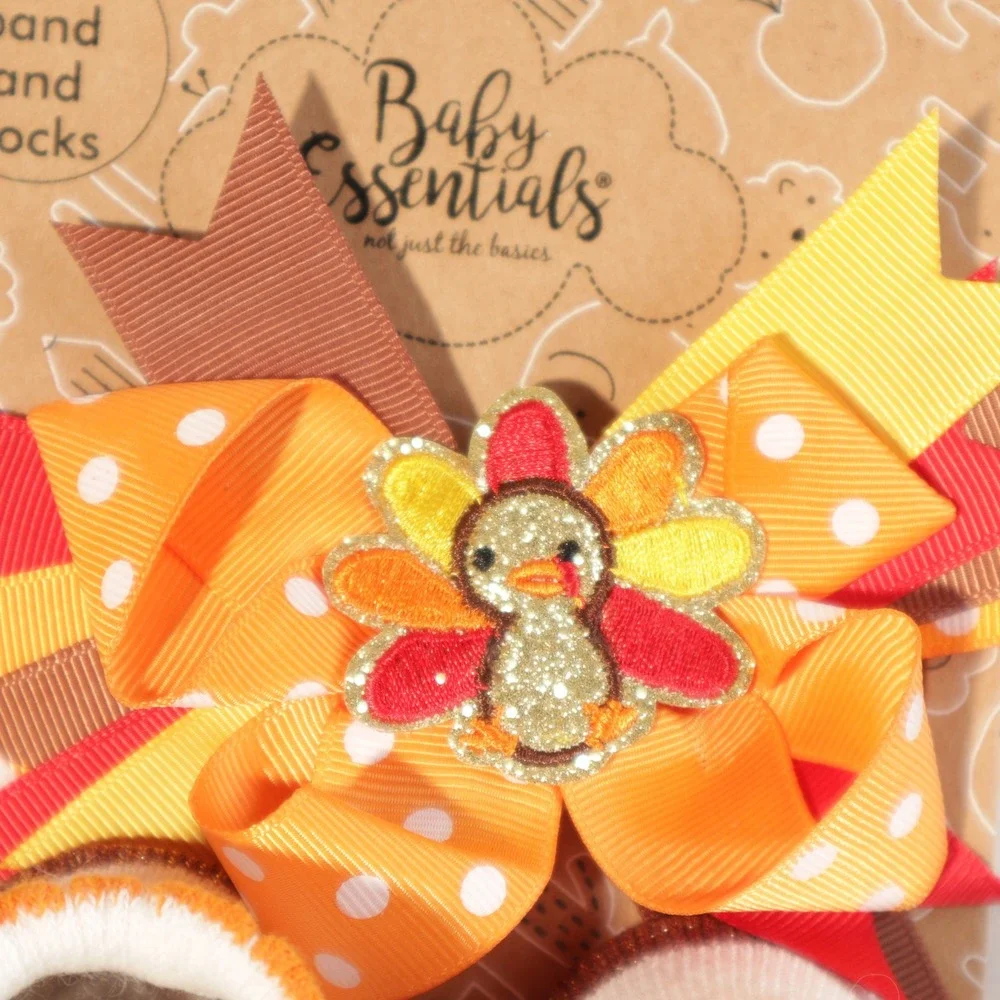 Baby Essentials Thanksgiving Turkey Headband and Socks Set 0-6M Orange Brown